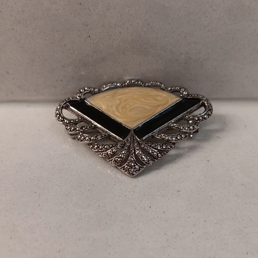 Vintage Avon Cream and Black Art Deco Filigree Fan- Shape Brooch Silver Tone